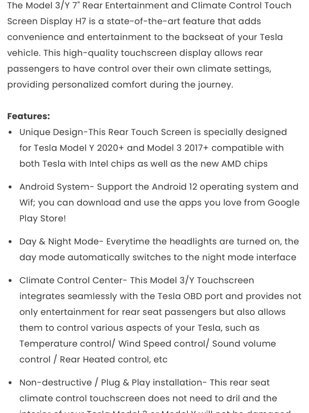 Model 3/Y 7” Rear Entertainment + Climate Control Display H7 touchscreen - Picture 2 of 16